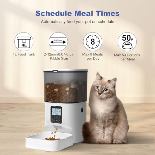 4L Automatic Cat Feeder, Timed Pet Food Dispenser with Voice Recorder, Portion Control for Cats & Dogs 