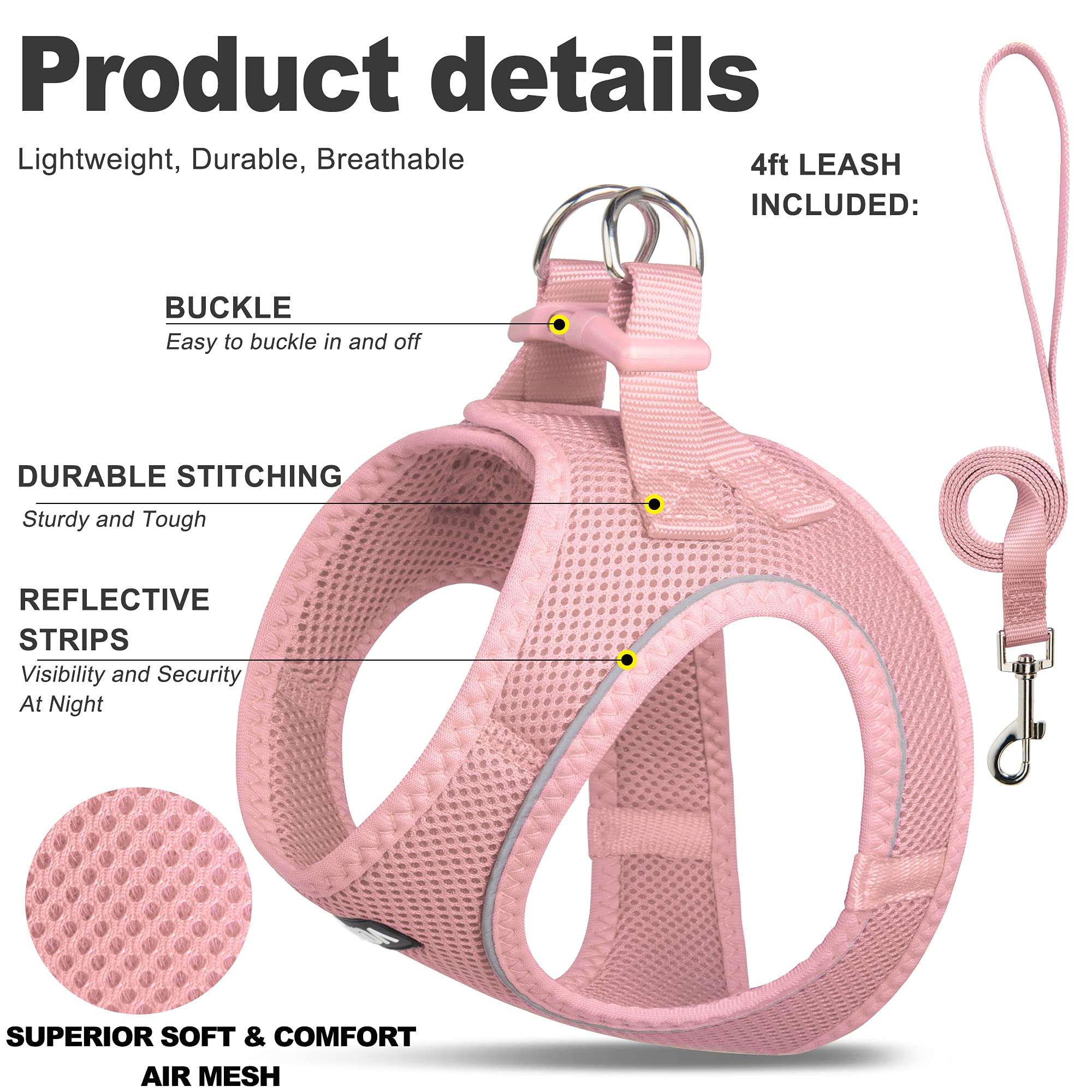 Breathable Mesh Cat Harness and Leash Set, Escape Proof Reflective Vest for Kitten Outdoor Walking