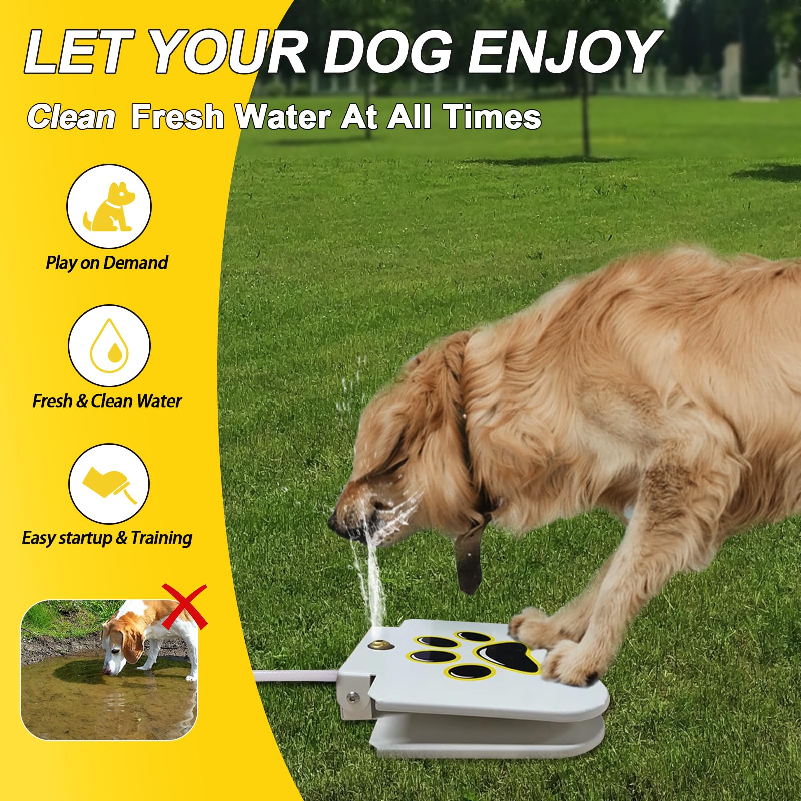 Outdoor Dog Water Fountain Step On - Upgrade Large Dog Sprinkler Drinking Water Dispenser Dog Paw Waterer Activated with Stainless Steel Braided Hose