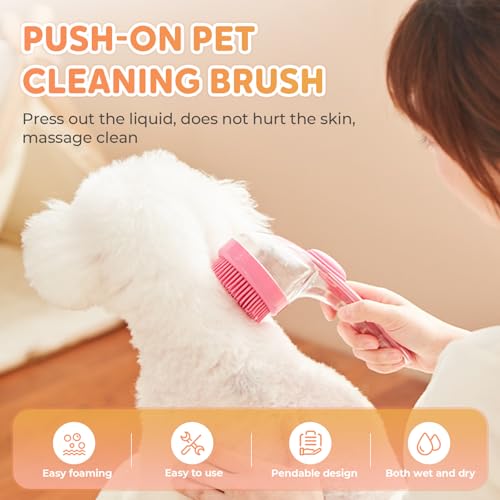Pet Bath Brush with Shampoo Dispenser, Soft Silicone Grooming Brush for Dogs & Cats