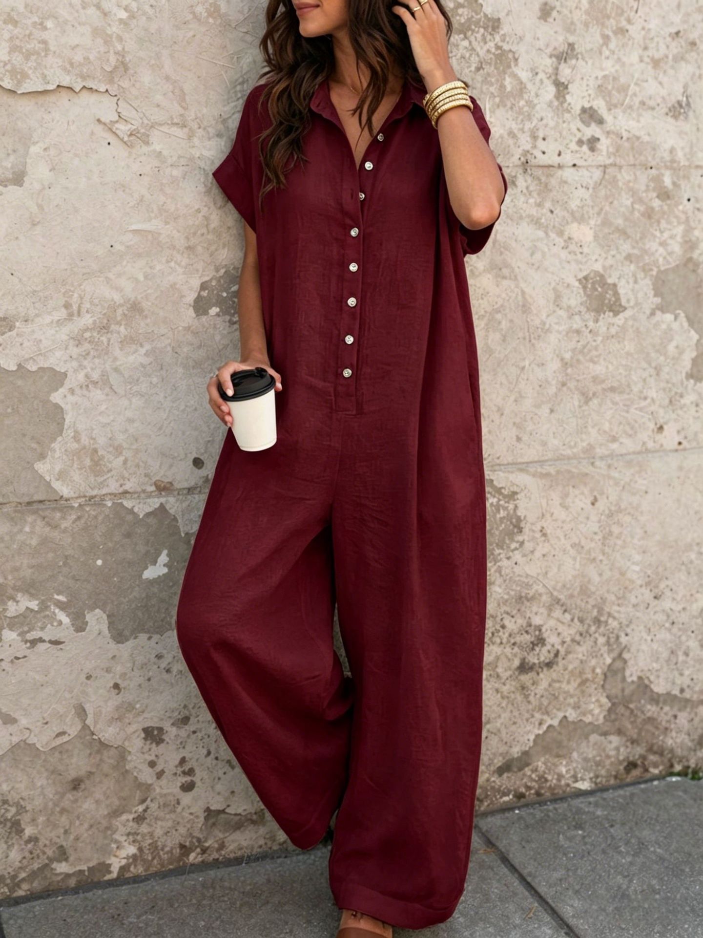 Women's Casual Loose Short Sleeve Button Jumpsuit