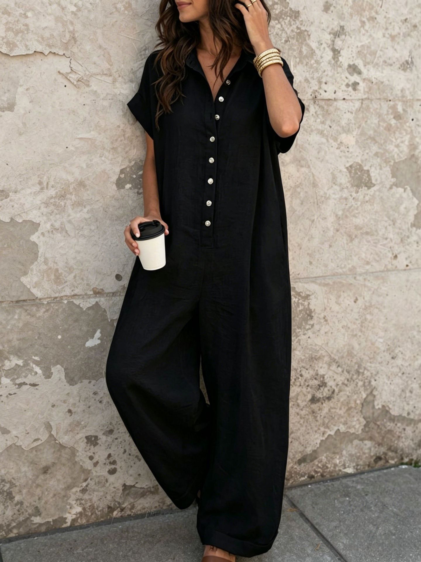 Women's Casual Loose Short Sleeve Button Jumpsuit
