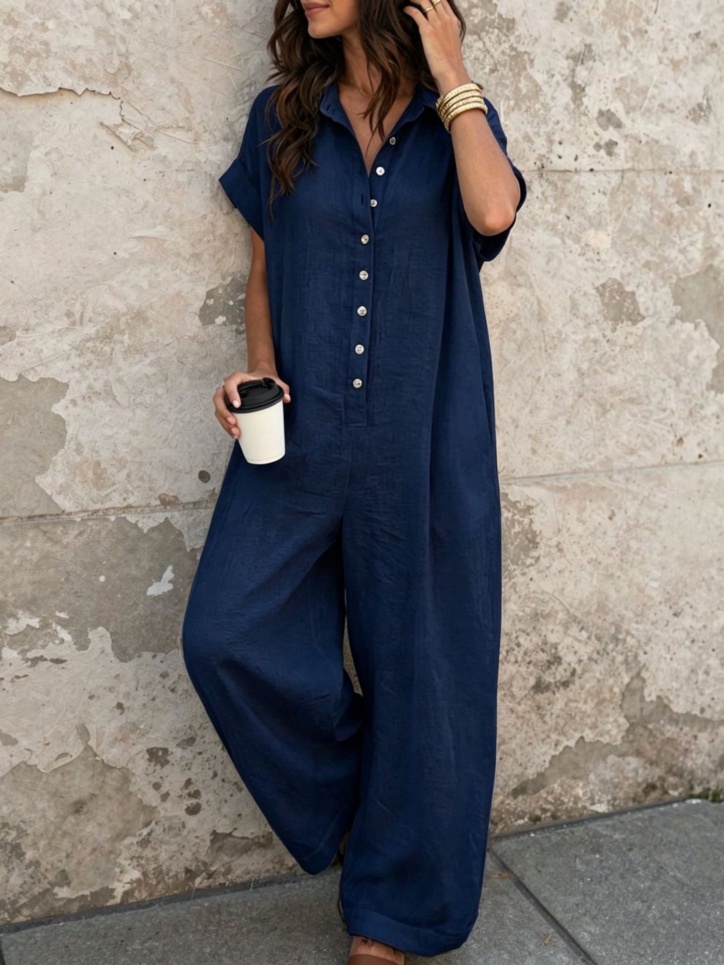 Women's Casual Loose Short Sleeve Button Jumpsuit