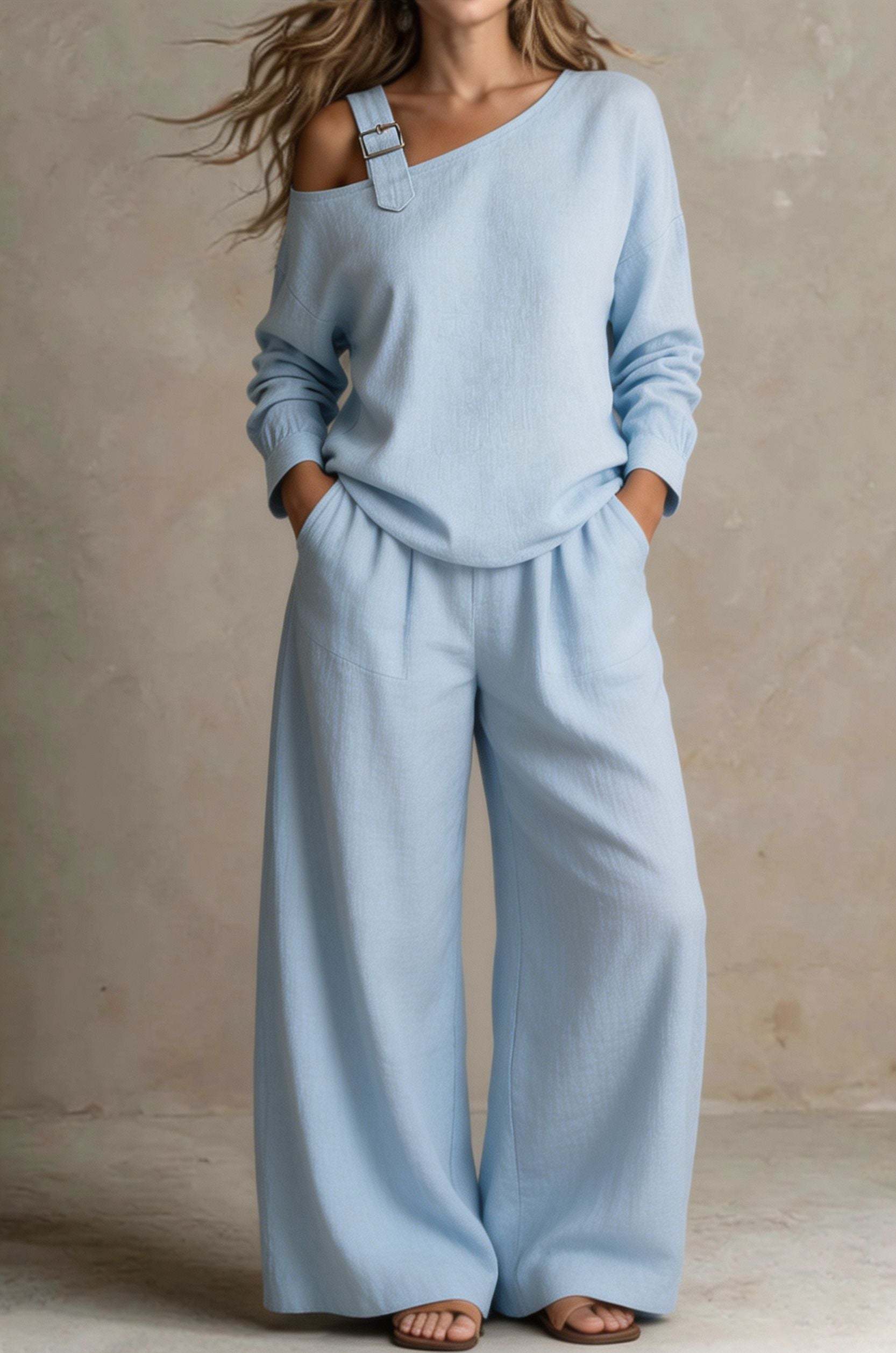 【Buy 2 Free Shipping】Women Chic One-Shoulder Linen-Blend Two-Piece Set
