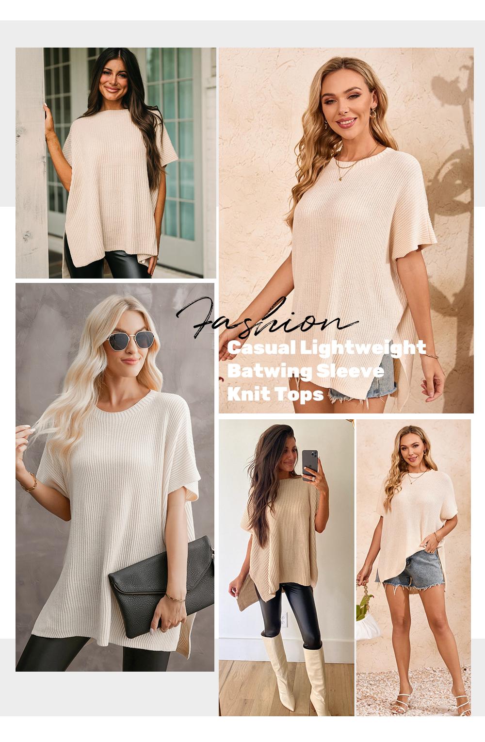 Shewin Women's Casual Oversized Solid Knit Pullover Sweater with Puff Short Sleeves, Round Neck and Side Slit, Lady, Piece, Elegance,back to school,back to school shopping, Women's Clothes