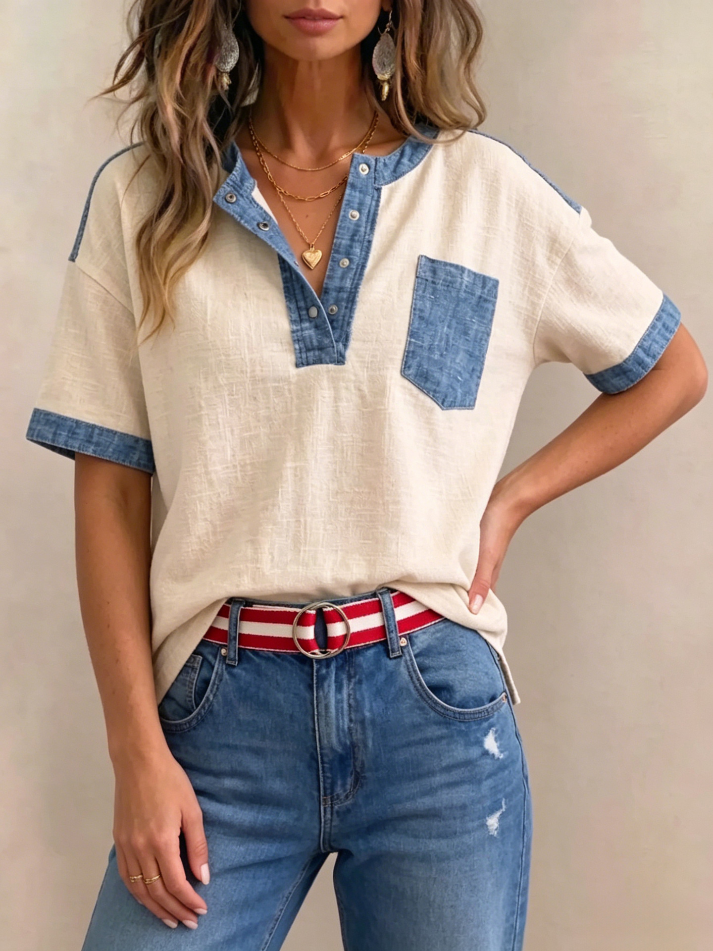 Women's V-neck Short Sleeve Casual Loose Patchwork Top