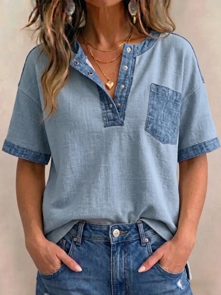 Women's V-neck Short Sleeve Casual Loose Patchwork Top