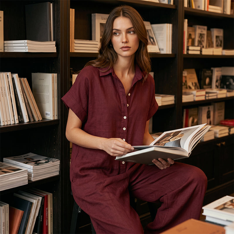 Women's Casual Loose Short Sleeve Button Jumpsuit