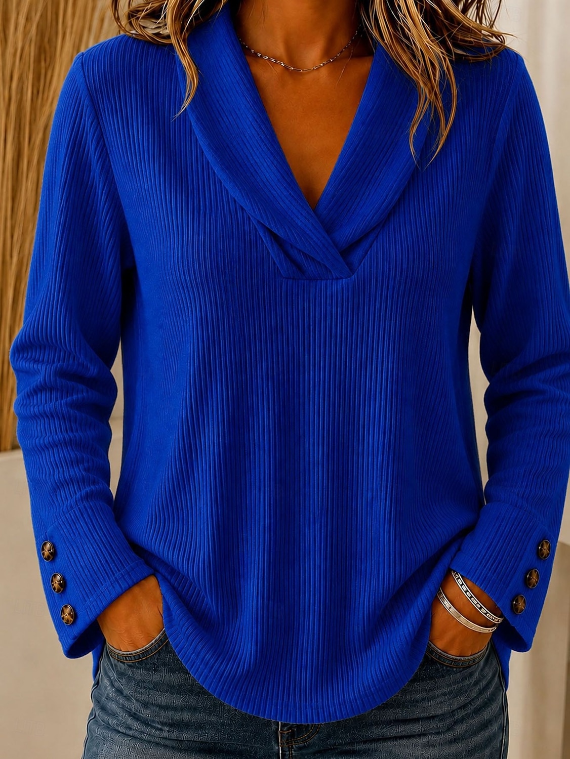 Women's T Shirt Solid Color Stylish Casual Long Sleeve V Neck Regular Tops Casual Daily Blue Black Pink Red Summer Spring Fall 2026 - $35.99 &ndash;P6