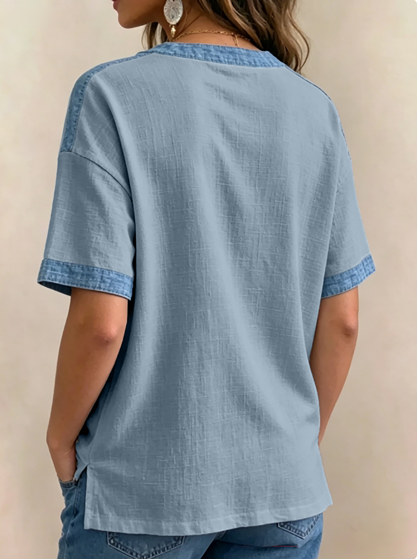 Women's V-neck Short Sleeve Casual Loose Patchwork Top