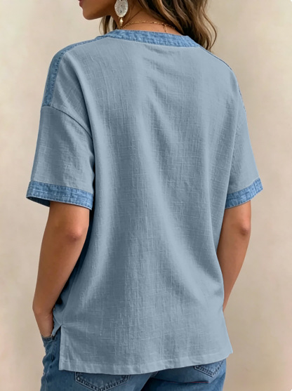 Women's V-neck Short Sleeve Casual Loose Patchwork Top