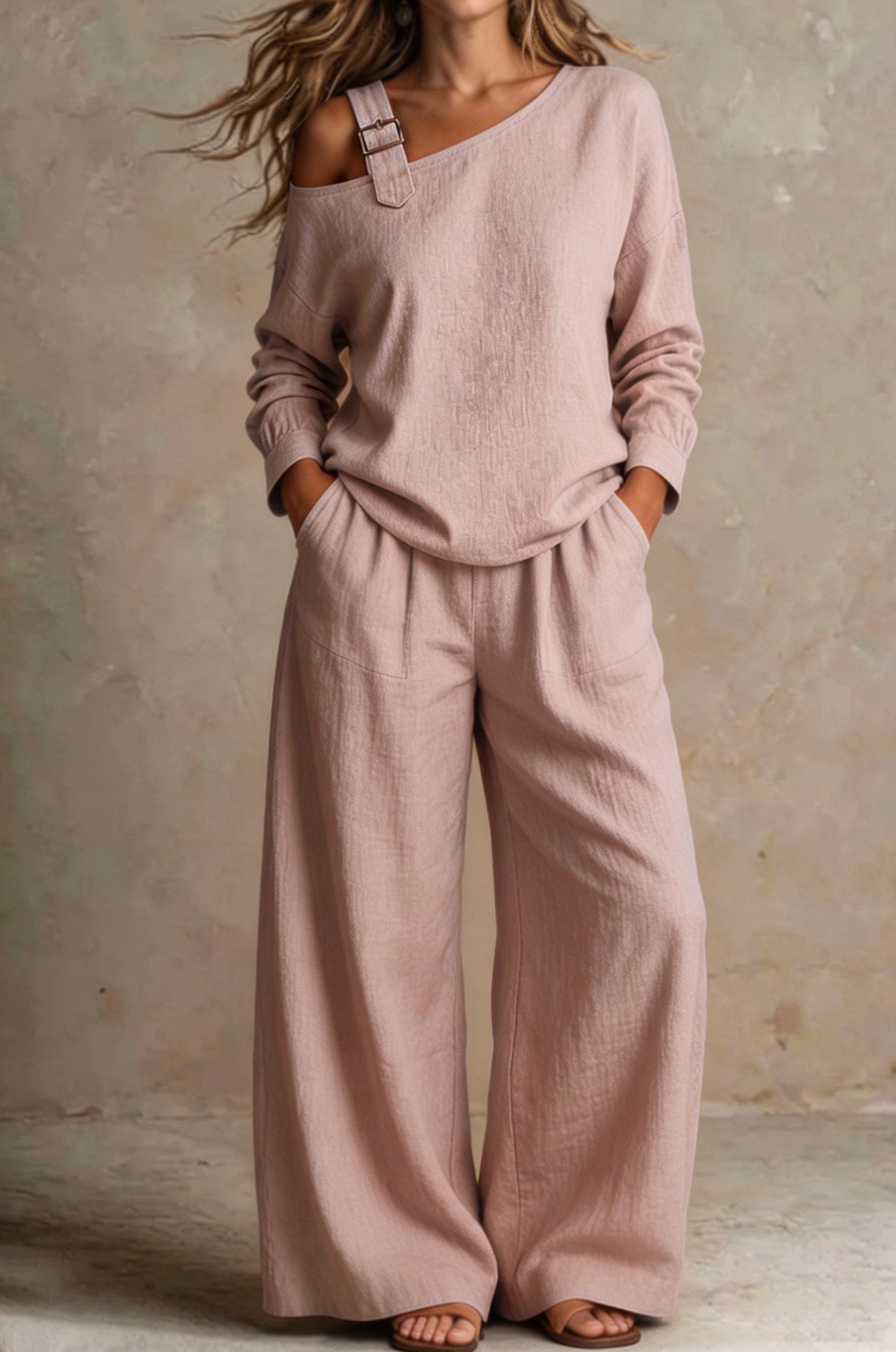【Buy 2 Free Shipping】Women Chic One-Shoulder Linen-Blend Two-Piece Set
