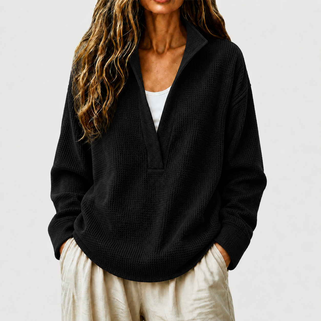Women's Casual Waffle Knit Long Sleeve V-Neck Pullover Top Loose Fit Sweatshirt
