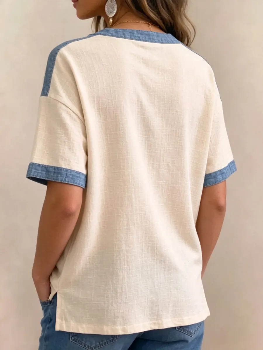 Women's V-neck Short Sleeve Casual Loose Patchwork Top