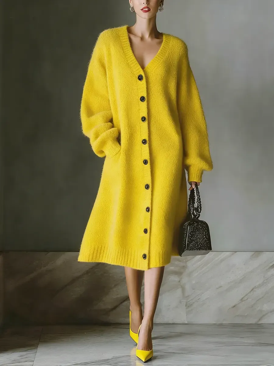 Women's Solid Color V-neck Long Sleeve Casual Loose Cardigan Dress