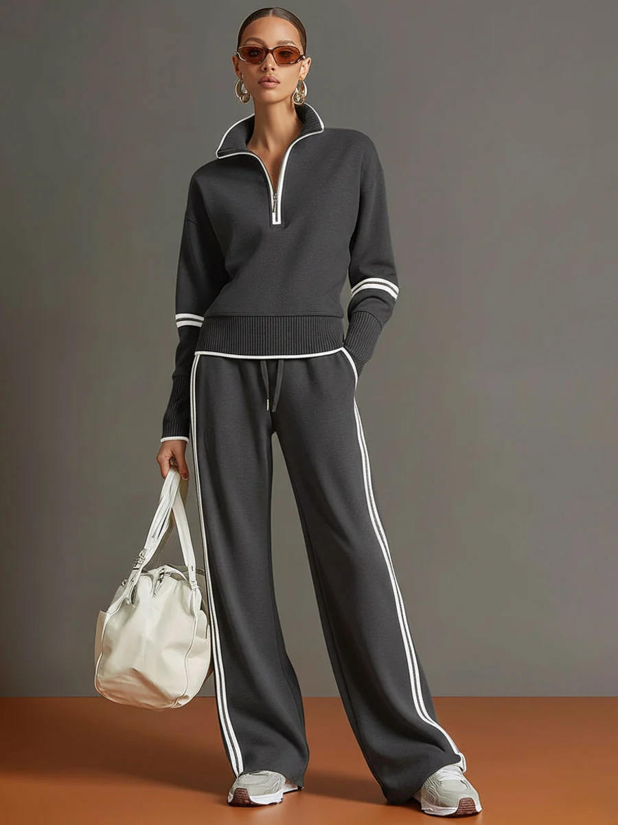 Women's Quarter-Zip Wide-Leg Two-Piece Set — Polished Comfort & Everyday Style