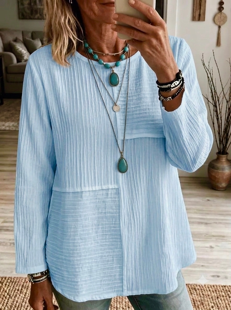 Women's Tunic Texture Patchwork Solid Color Plain Stylish Long Sleeve Crew Neck Regular Tops Casual Blue White Black Pink Army Green Summer Spring Fall 2026 - $25.99 &ndash;P1