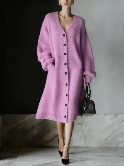 Women's Solid Color V-neck Long Sleeve Casual Loose Cardigan Dress