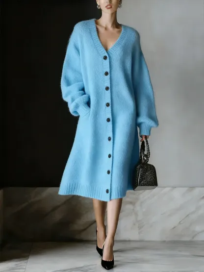 Women's Solid Color V-neck Long Sleeve Casual Loose Cardigan Dress