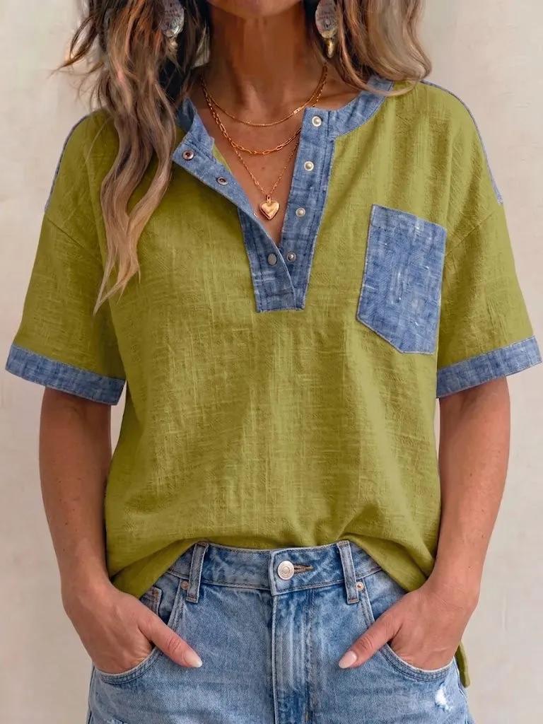 Women's V-neck Short Sleeve Casual Loose Patchwork Top