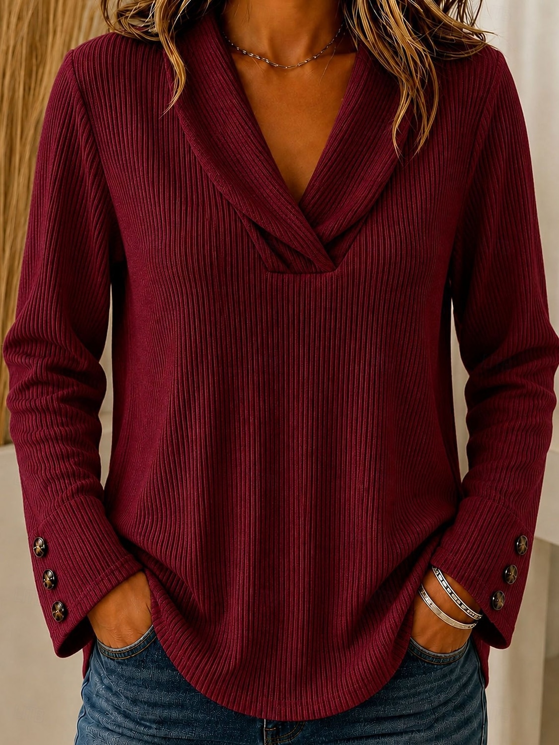 Women's T Shirt Solid Color Stylish Casual Long Sleeve V Neck Regular Tops Casual Daily Blue Black Pink Red Summer Spring Fall 2026 - $35.99 &ndash;P5