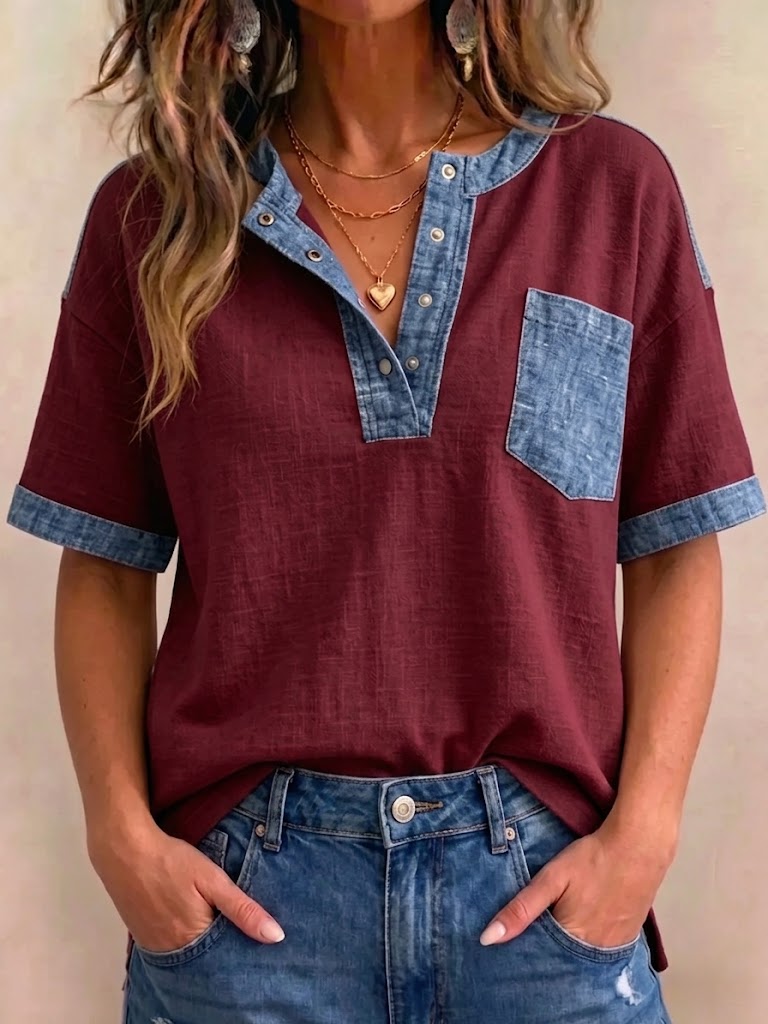 Women's V-neck Short Sleeve Casual Loose Patchwork Top