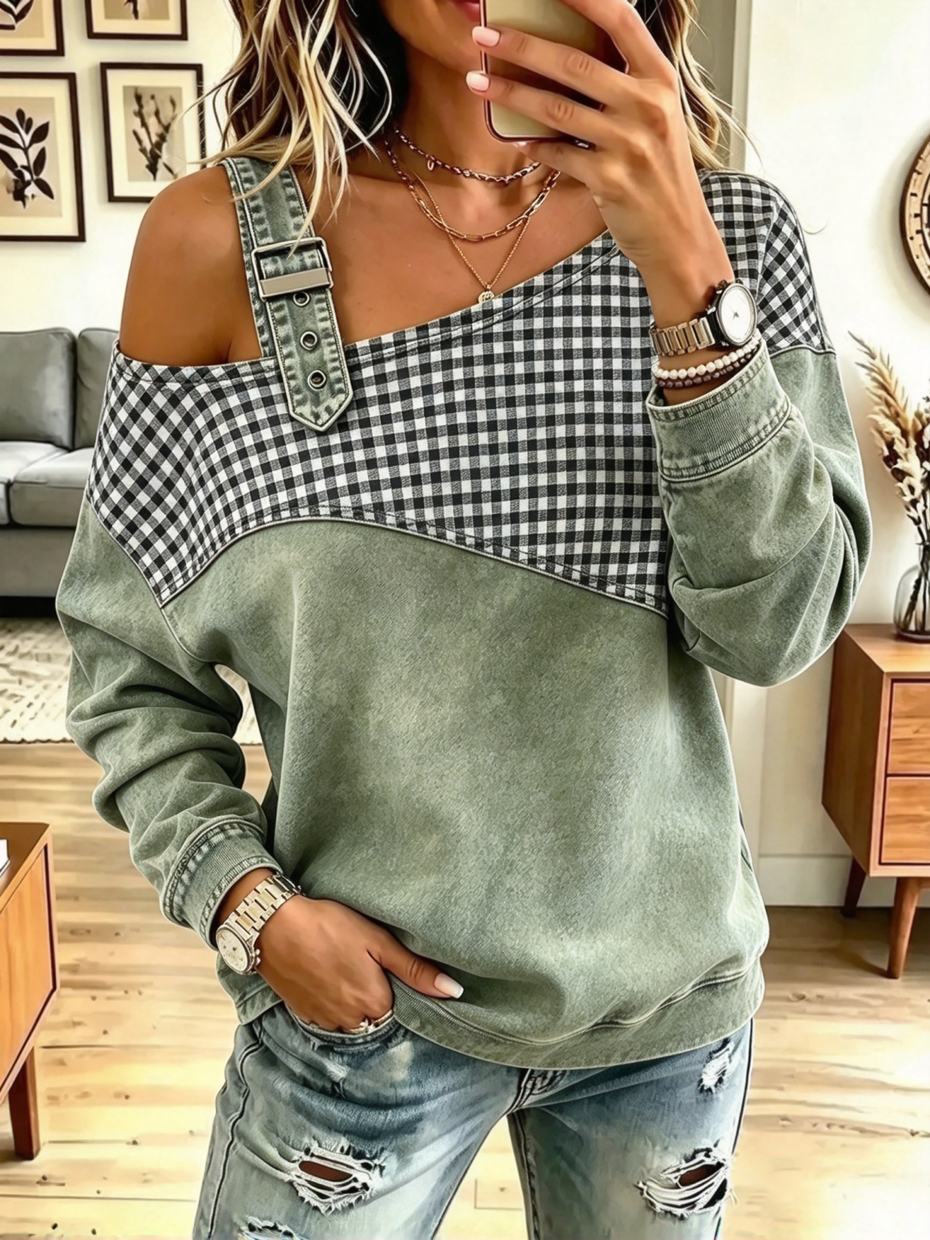 Vintage Plaid Pattern Denim Patchwork Art Casual Stylish Long Sleeve Top