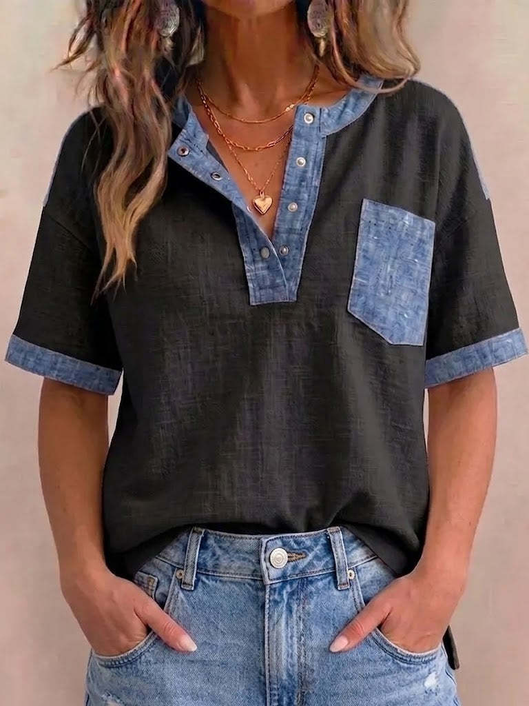 Women's V-neck Short Sleeve Casual Loose Patchwork Top