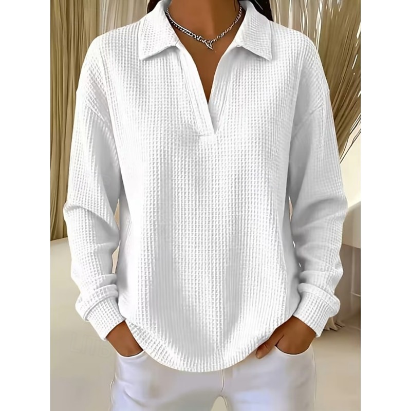 Women Oversized Polo Collar Waffle Blouse