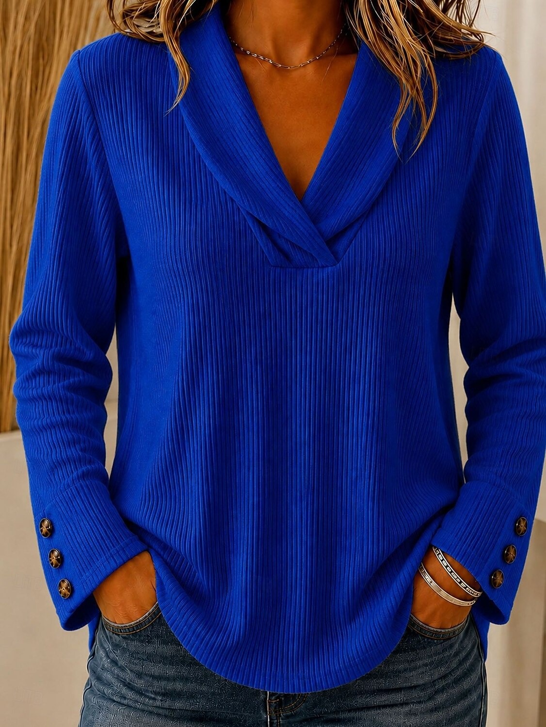 Women's T Shirt Solid Color Stylish Casual Long Sleeve V Neck Regular Tops Casual Daily Blue Black Pink Red Summer Spring Fall