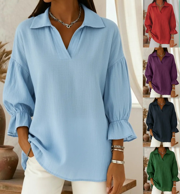 Casual Loose Long Sleeve Solid Color Stand Collar Top Ladies Spring And Autumn Shirt