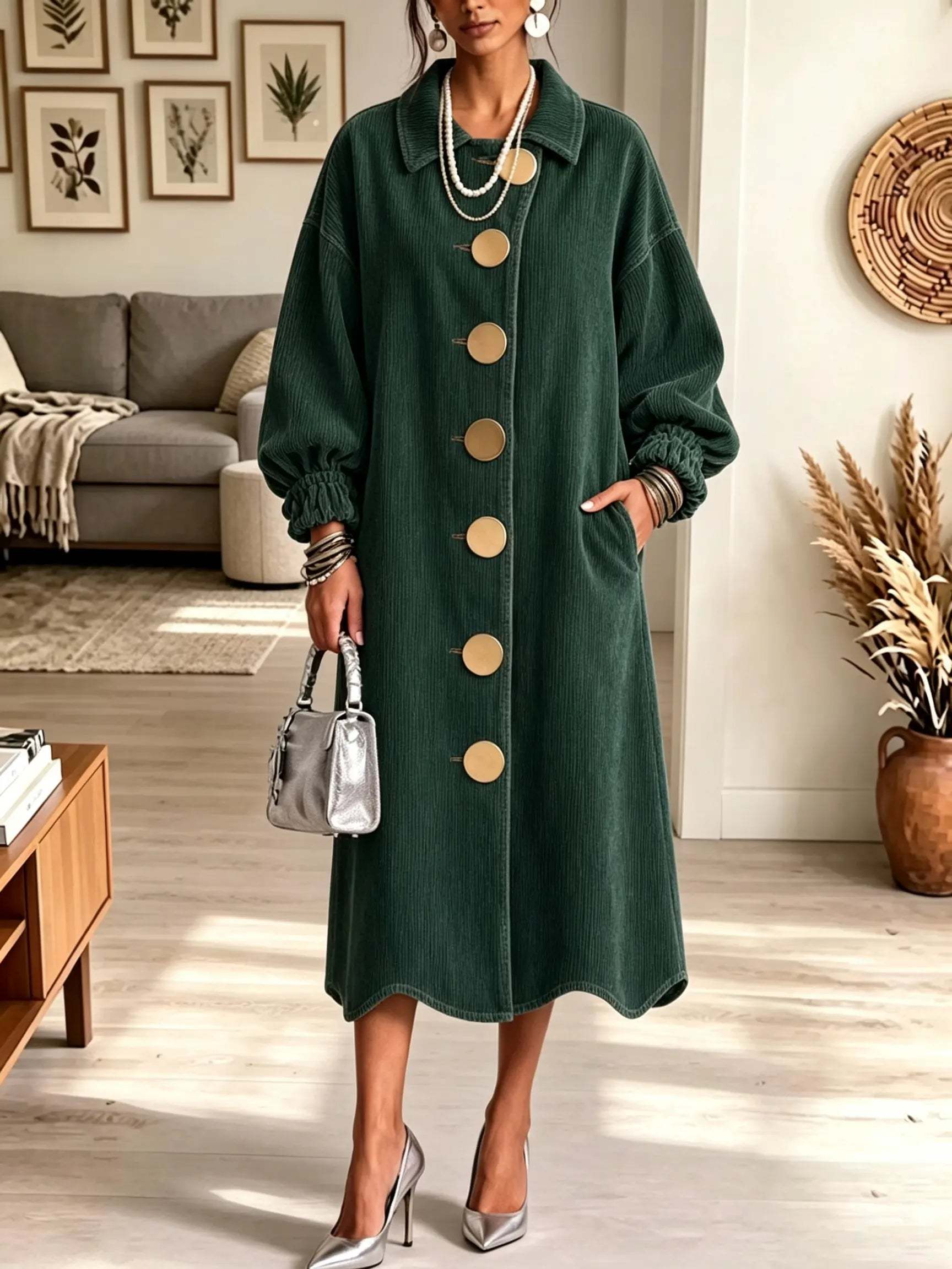 Women's Oversized Gold Button Long Denim Coat Dress