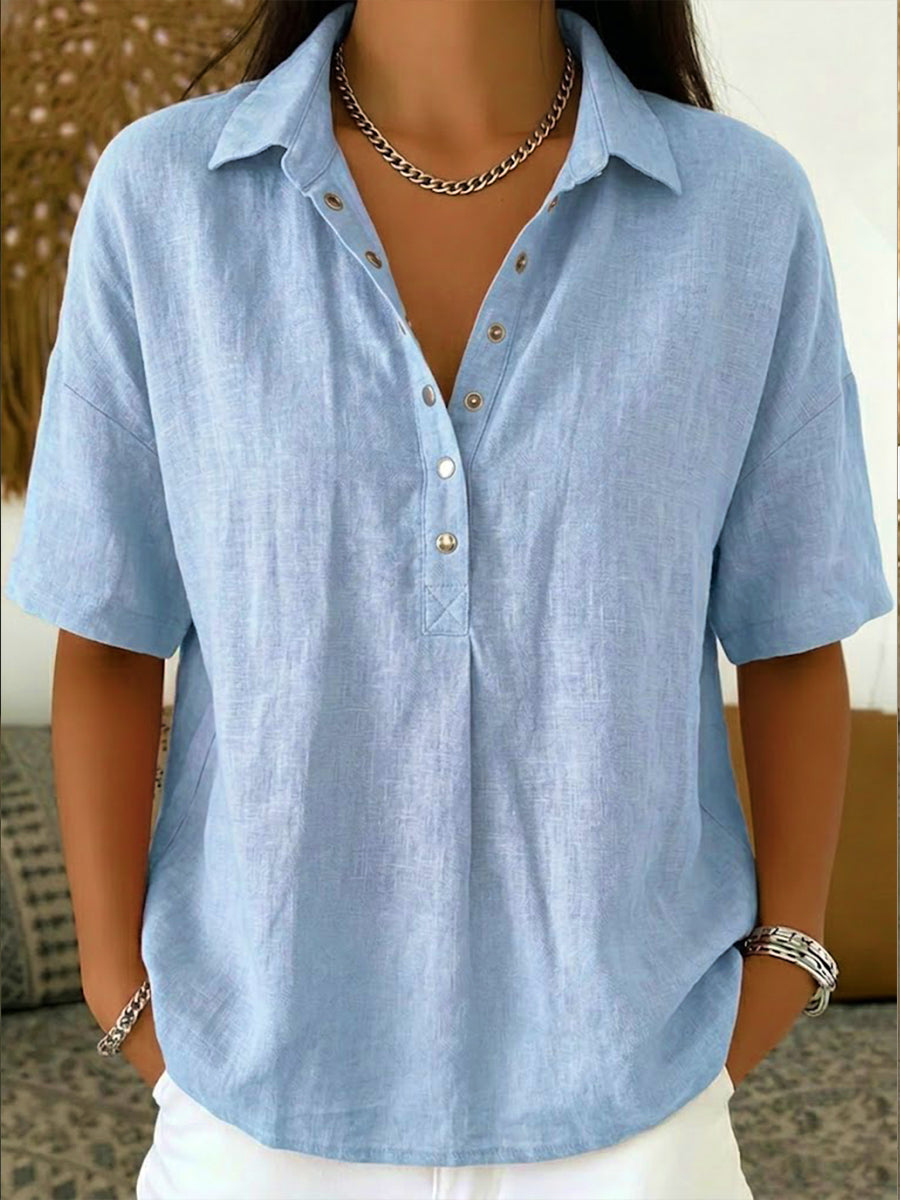 Women’s Cotton Linen Polo Shirt – Casual Short Sleeve Summer Top