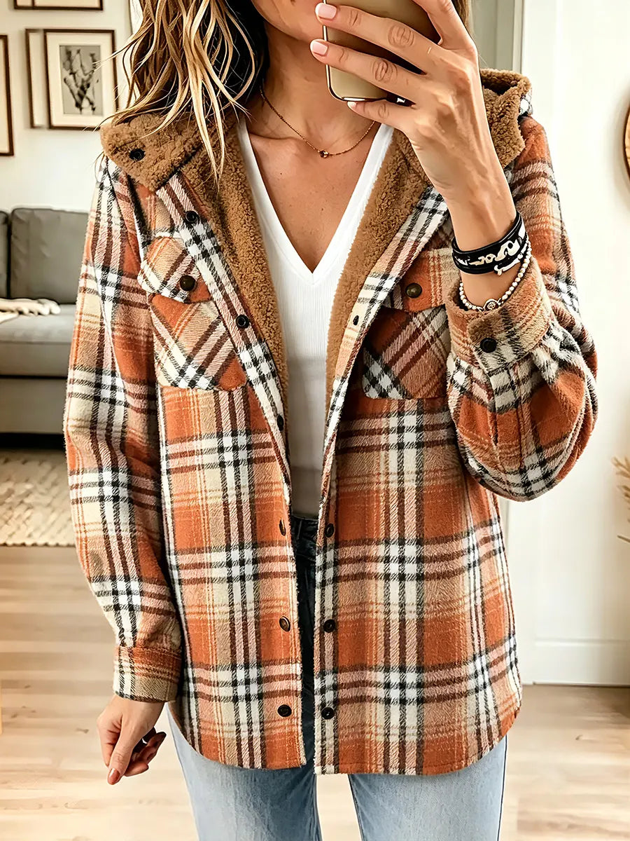 Vintage Elegant Color-block Plaid Fleece Hooded Coat
