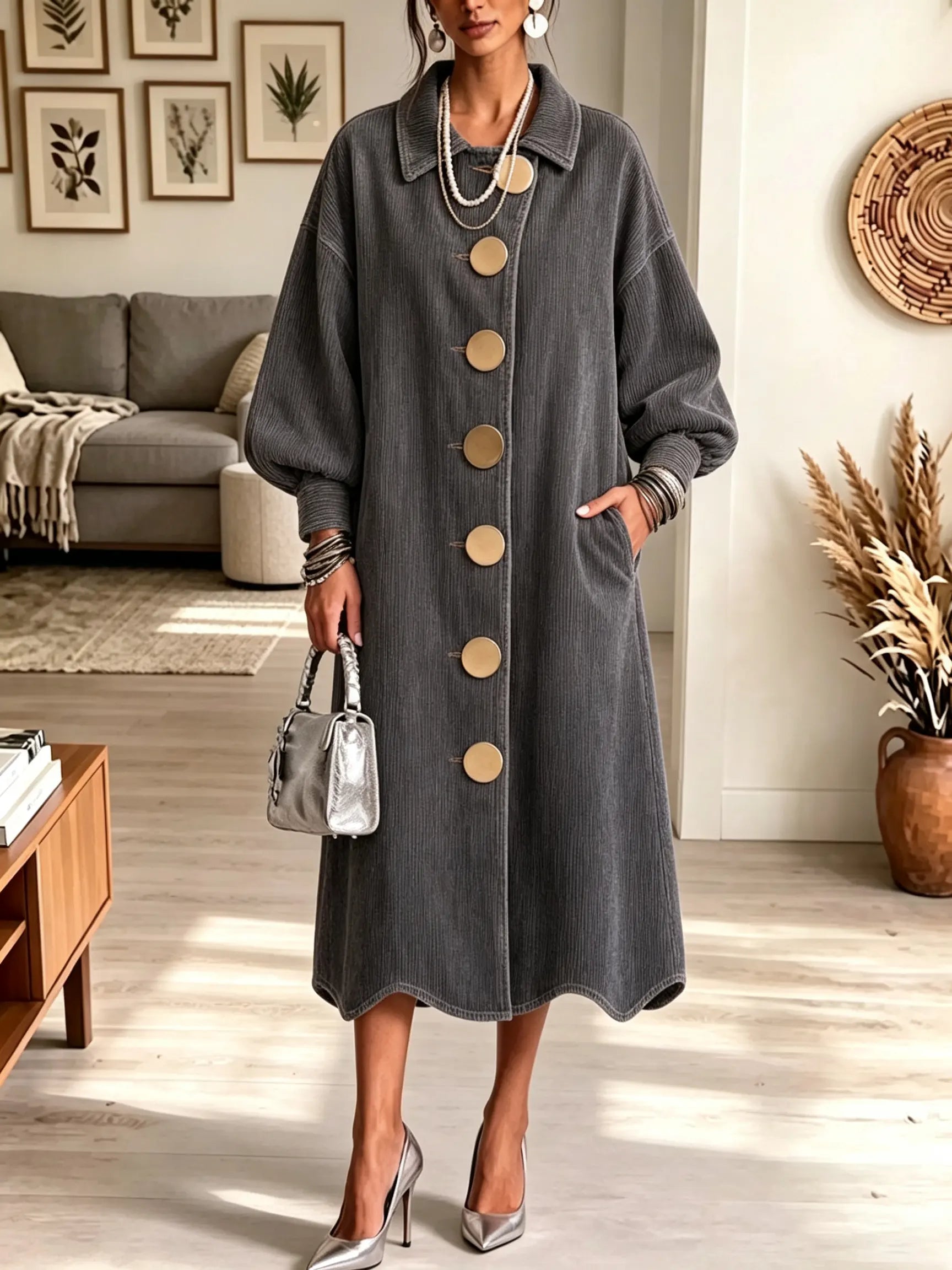 Women's Oversized Gold Button Long Coat Dress