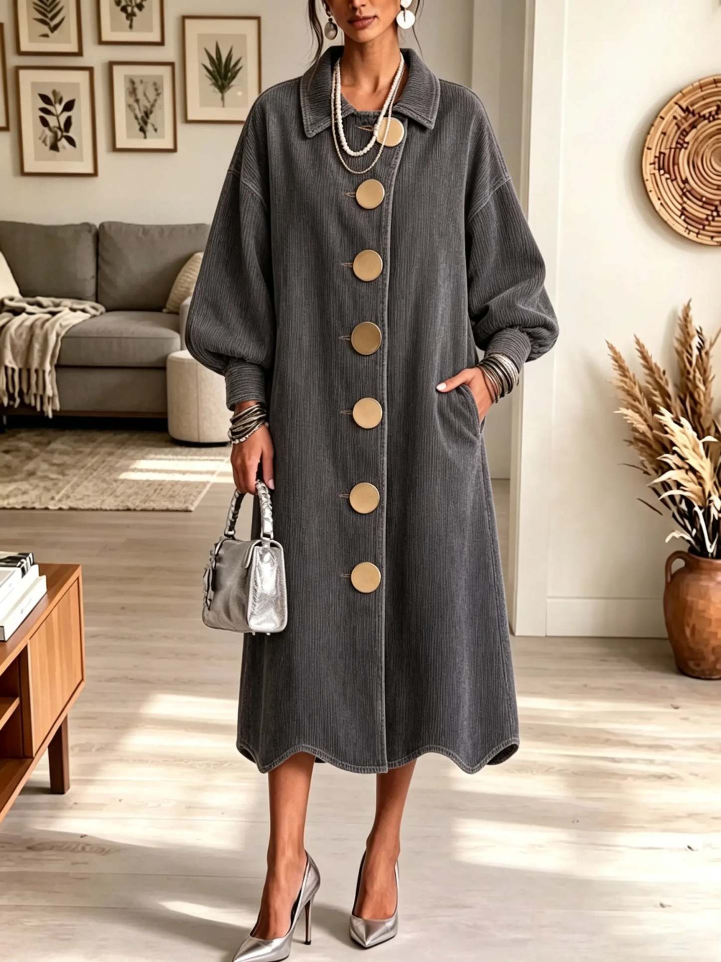 Women's Oversized Gold Button Long Coat Dress