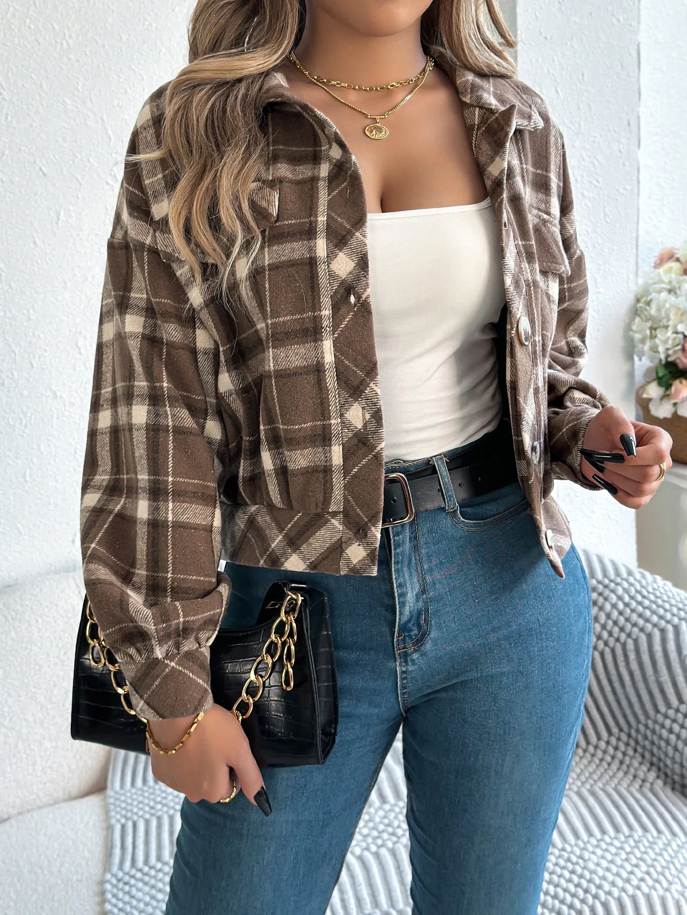 Women's Cropped Plaid Shacket, Flannel Button Up Shirt Jacket