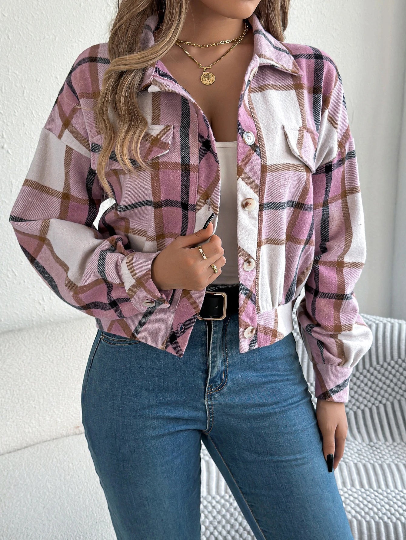 Women's Cropped Plaid Shacket, Flannel Button Up Shirt Jacket