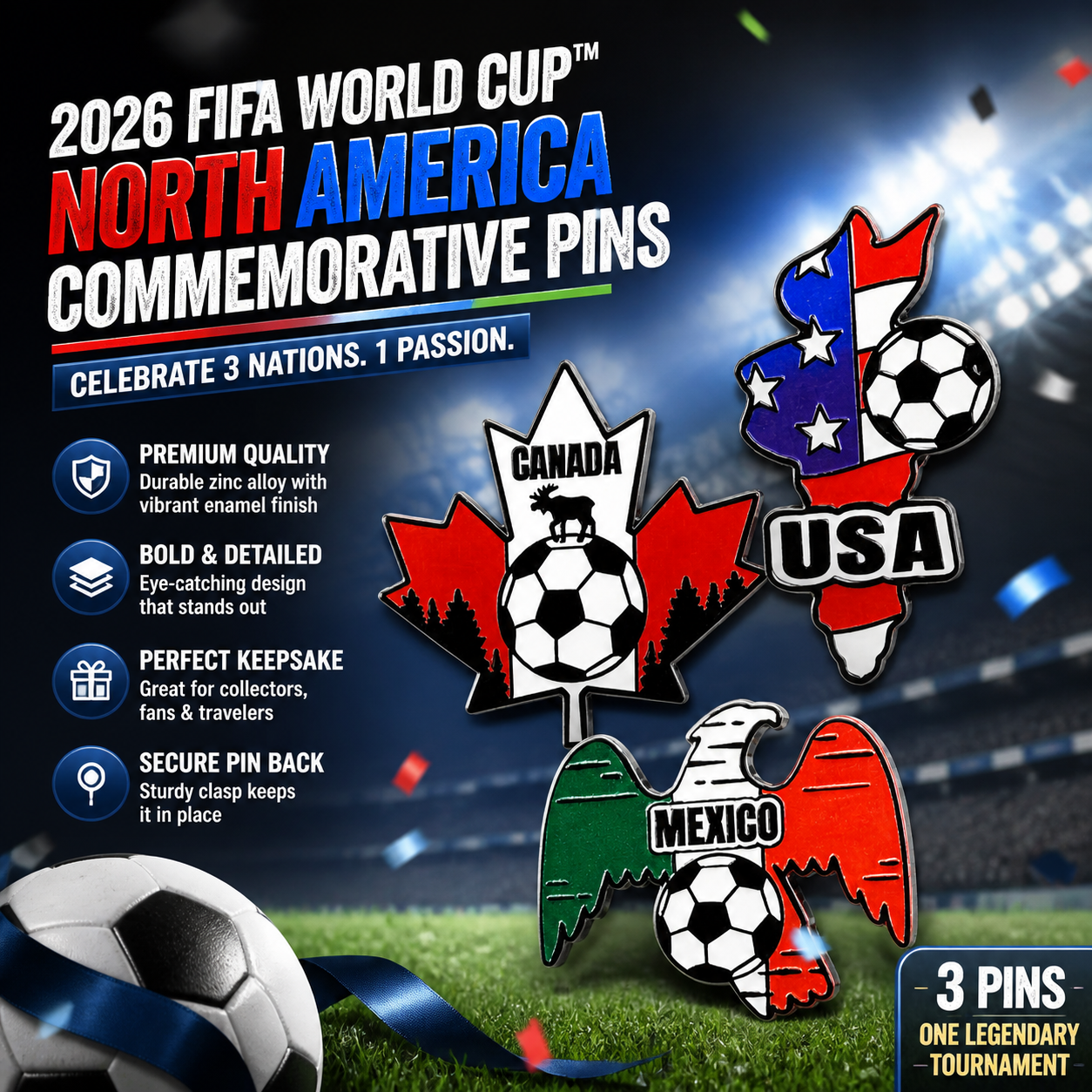 🌎 World Cup Soccer Commemorative Pins – USA, Canada & Mexico