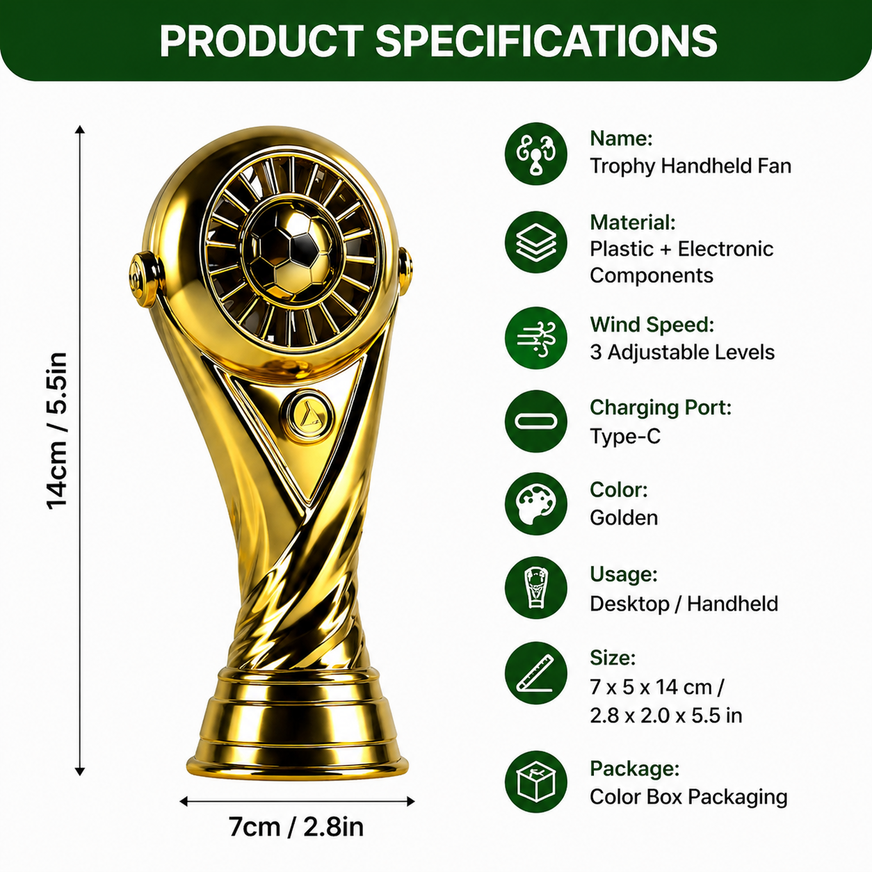 Trophy Handheld Fan – USB Rechargeable Mini Fan for Sports, Game Day & Party Fun
