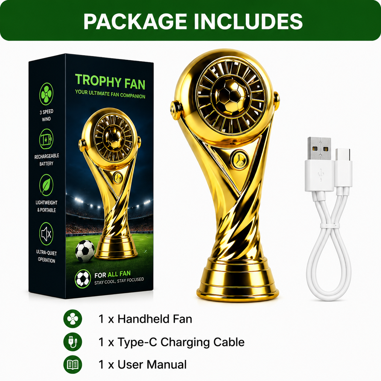 Trophy Handheld Fan – USB Rechargeable Mini Fan for Sports, Game Day & Party Fun