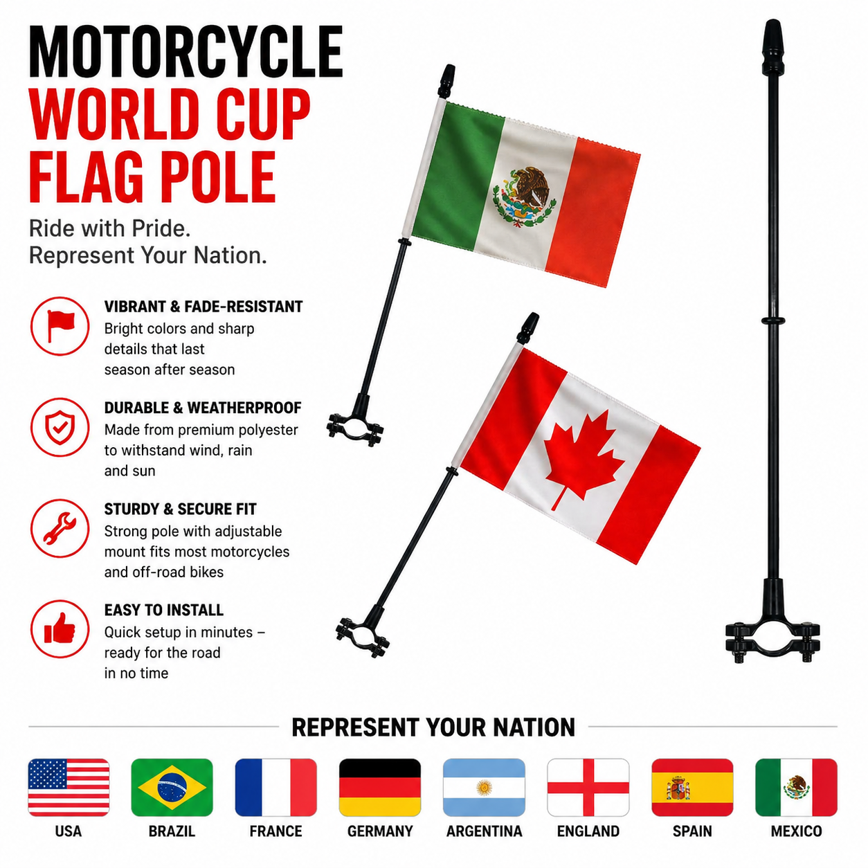 ⚡ World Cup Motorcycle Flags – USA, Mexico, Canada & More! ⚡