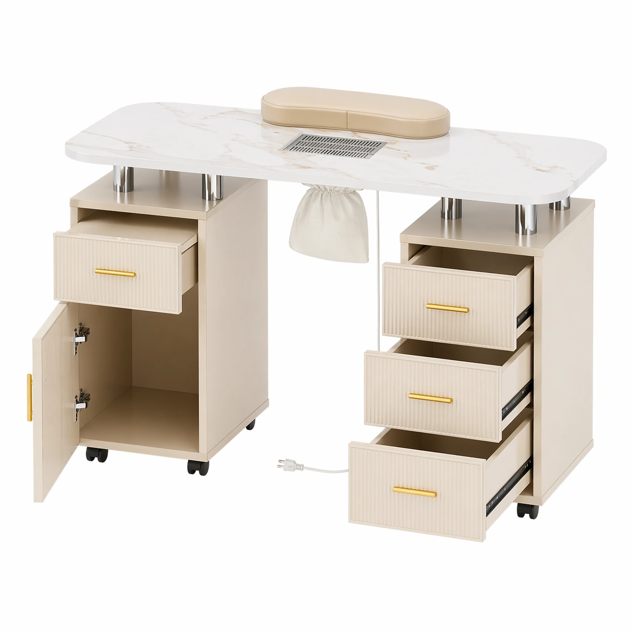 Manikuere Tisch mit Absaugung und Stauraum auf Rollen in Weiss-ardvion