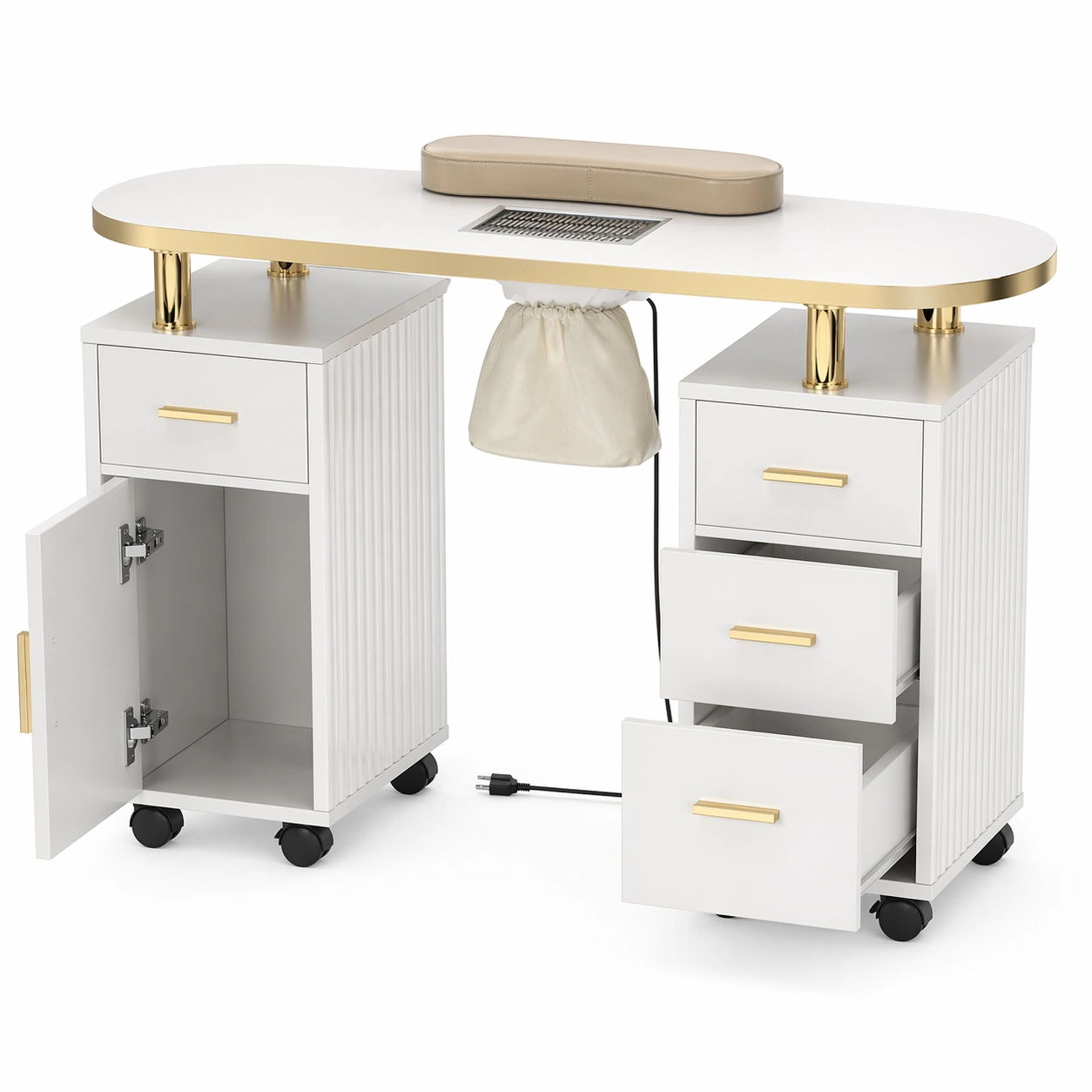 Manikuere Tisch mit Absaugung, Schubladen und Schrank, mobil auf Rollen, mit Armauflage-ardvion