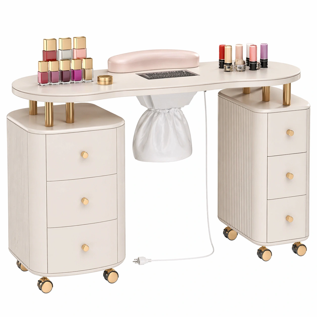 Manikuertisch mit Absaugung und Stauraum auf Rollen in Beige-ardvion