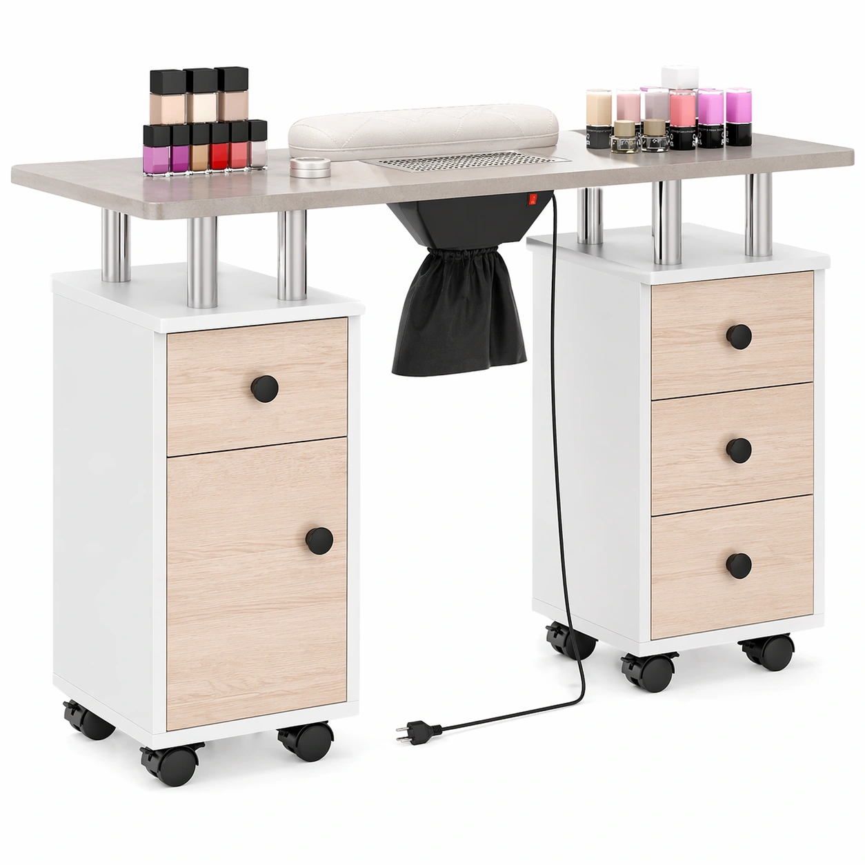 Manikuere Tisch mit Absaugung und Stauraum auf Rollen in Weiss Holzoptik-ardvion