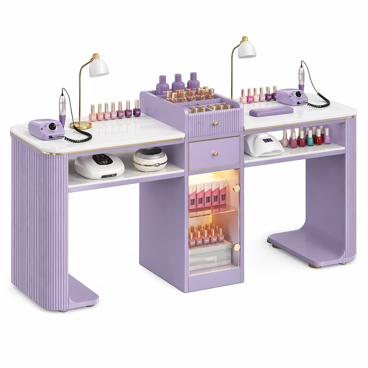 Professioneller Manikuertisch Doppelarbeitsplatz mit Stauraum und LED Vitrine 194 x 45 x 81 cm-ardvion