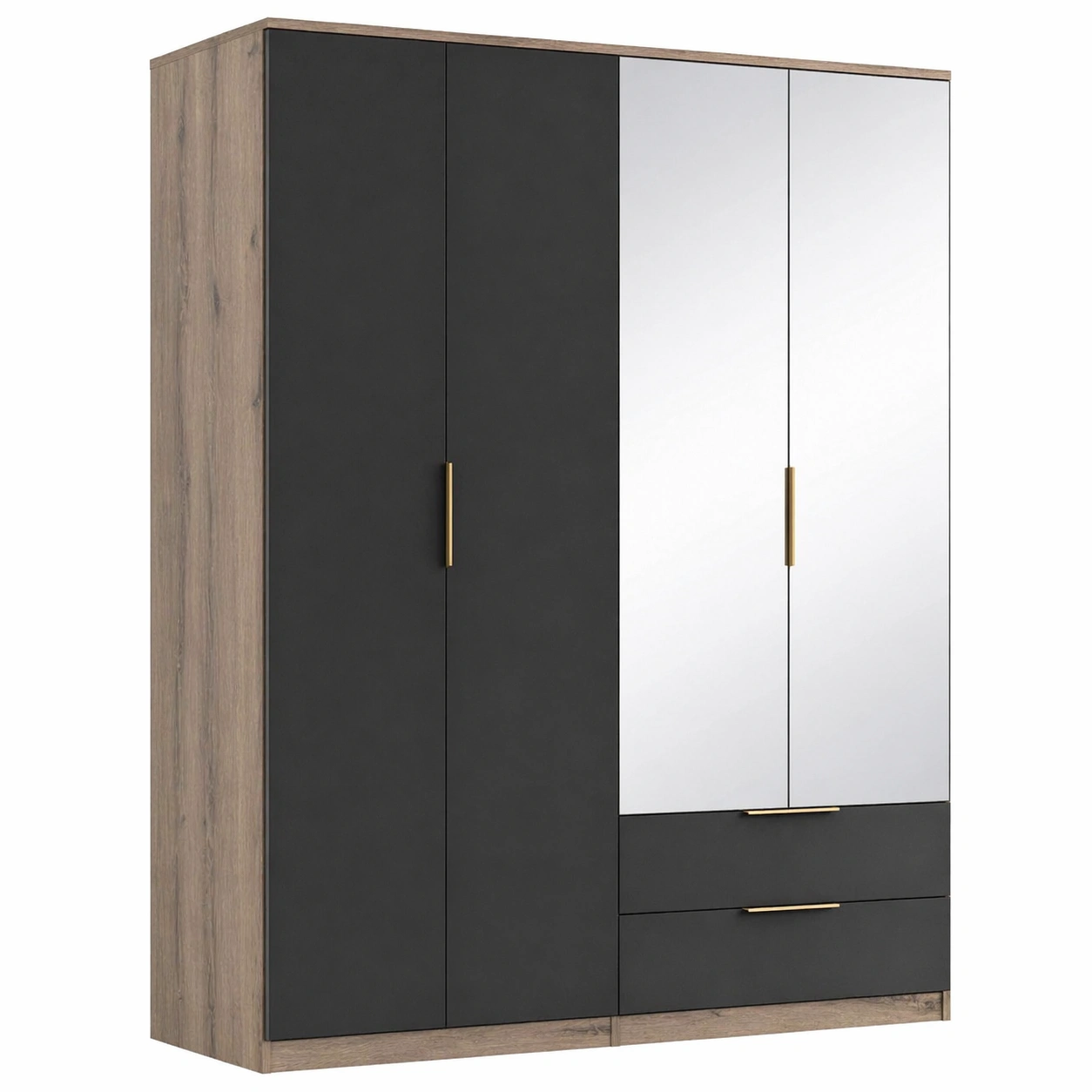 Moderner Kleiderschrank 4 Tueren mit Spiegel und Schubladen Grosser Garderobenschrank Minimalistisches Design Weiss Holzoptik-ardvion