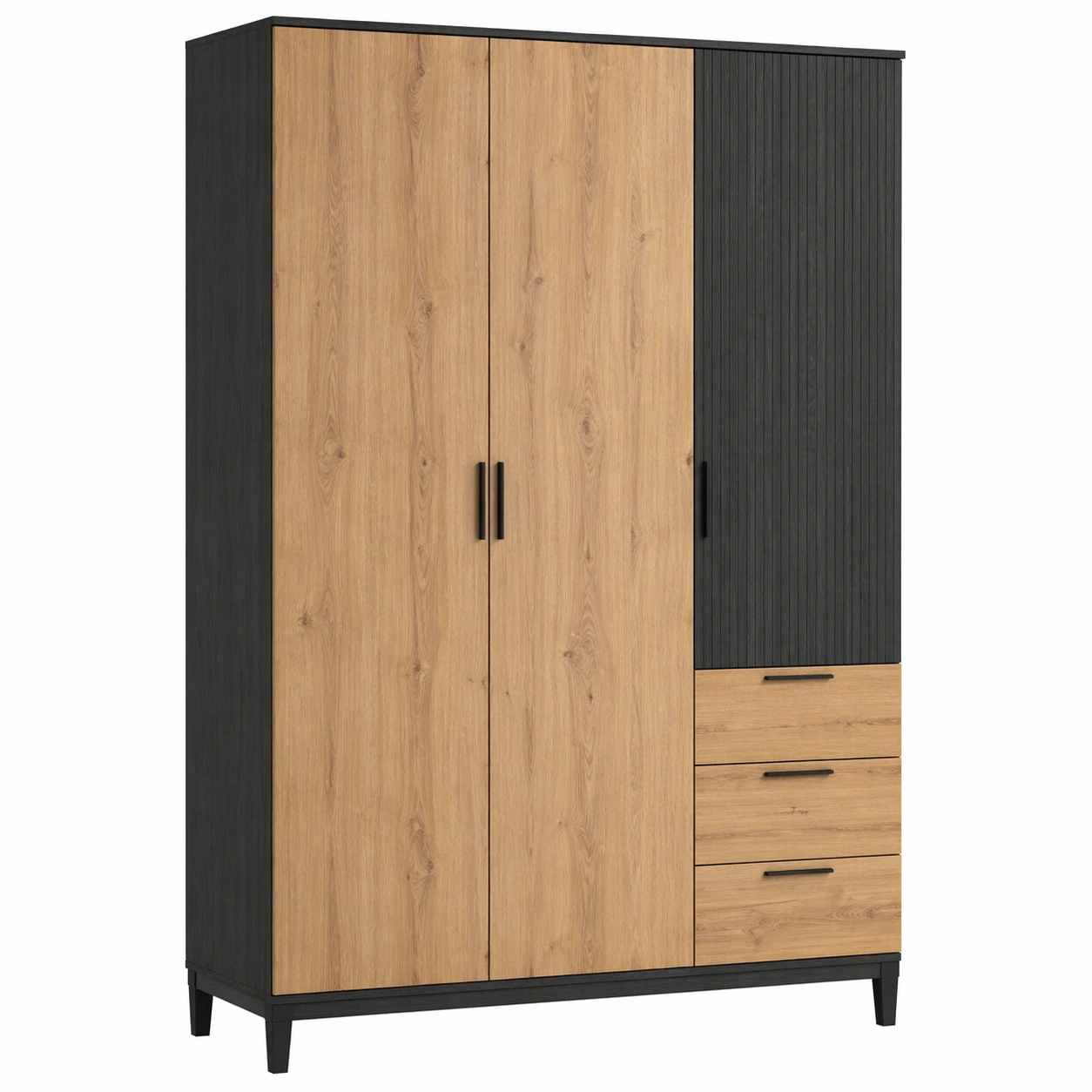 Kleiderschrank 3 Tueren 3 Schubladen Modern Holzoptik Schwarz Natur Gross Stauraum-ardvion
