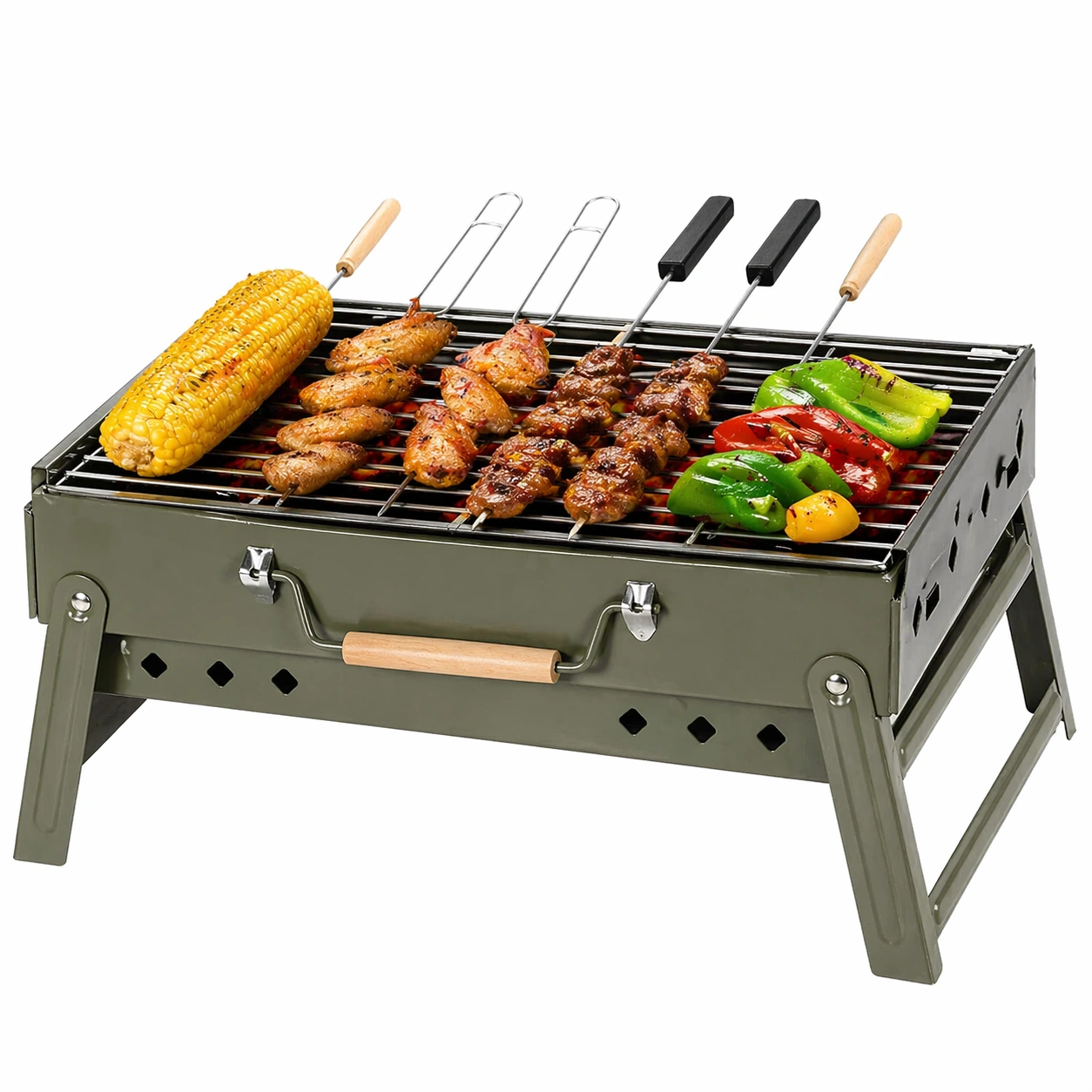 Faltbarer Holzkohle Tischgrill Tragbar Rechteckig Grill mit 2 Grillrosten und Spiesen fuer Camping Picknick Outdoor-ardvion